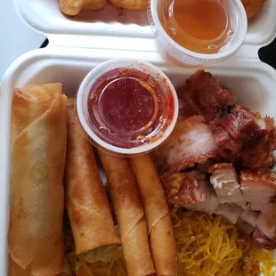 My 1 choice: lechon w/ pancit &amp; lumpia, Shanghai (thin), banana (short), vegetable (biggest), vinegar and sweet chili sauce.  Cascaron.