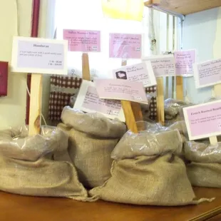 bags of fresh coffee, roasted on the premises
