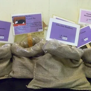 bags of fresh coffee, roasted on the premises