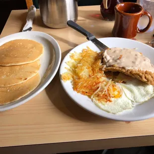 Chicken Fried Steak and eggs with pancakes