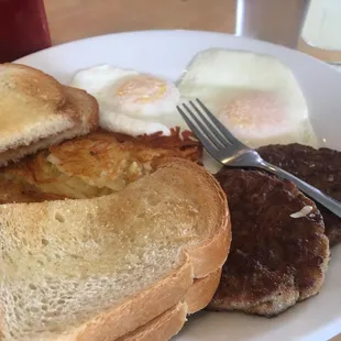 Truckers Favorite... hash browns, sausage, and eggs your way with toast