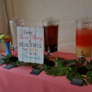 Beverage station with water, sweet tea and raspberry lemonade