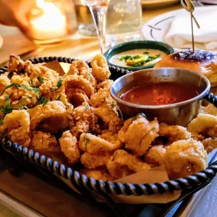 Fried Calamari (good), Grilled Shrimp &amp; Avocado Slider (meh), and a Mini New England Clam Chowder (just ok). (happy hour menu)