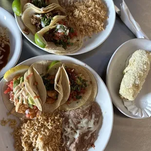 three plates of mexican food