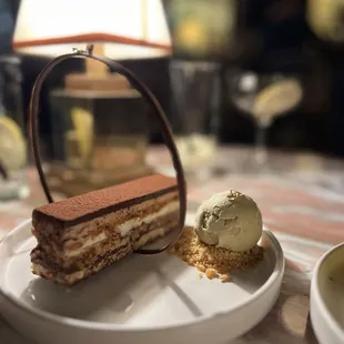 Marjolaine Cake Hazelnut Dacquise | Dark Chocolate Ganache | Pistachio Ice Cream