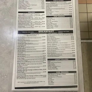 a menu for breakfast