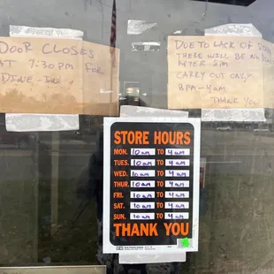 store hours and thank you