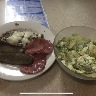 Sliced grilled steak &amp; cheese  , some Gyro meat , and Corn-beef! Delicious    With a side salad