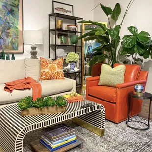 A beautifully colorful setting featuring a mix of in-stock pieces and an exciting custom-order chair for one fashionable customer.