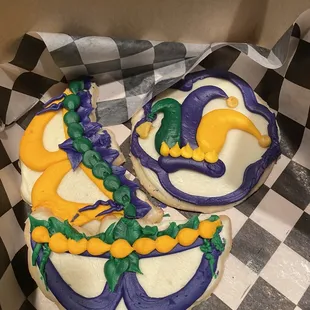 Mardi Gras mask, sugar cookies.