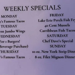 Daily specials. Good wings, steak and hillbilly tacos.