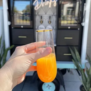 a person holding a glass of orange juice