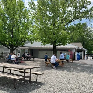 a group of people sitting at picnic tables