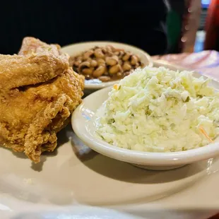 Fried Chicken, coleslaw, black eyed peas