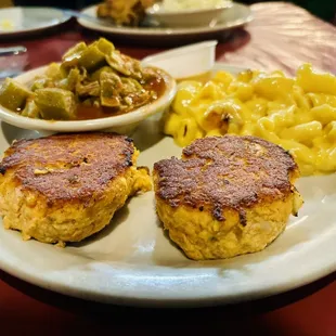 Merts Famous Salmon Cakes, Mac and cheese, okra and tomatoes
