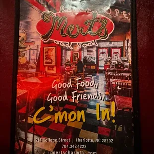 Front page of the menu.