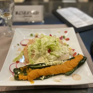 Stacked Duck Enchilada and Green Chili Potato Relleno