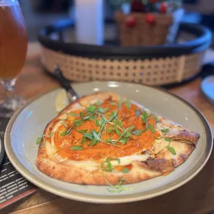 Carrot ricotta lemon flatbread with hot honey drizzle