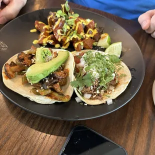 Street Tacos - Beef Barbacoa &amp; Vegetarian Nopales with a side of Papas Bravas