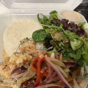 Grilled chicken with white rice (beans not pictured)