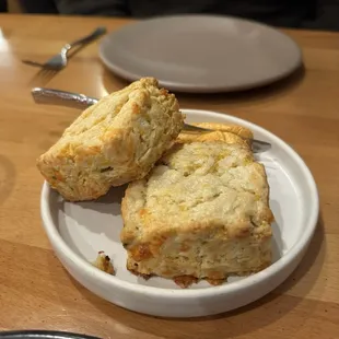Green chile cheddar biscuits with red chile honey butter