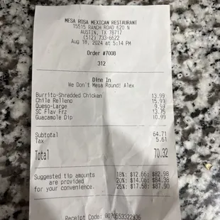 price of Guacamole Dip , Chili con Queso, frozen margarita, chicken burrito, and Chile Relleno