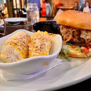 Big ax burger with side of mexican street corn instead of fries
