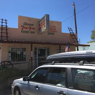 Mesa Vista café with our car "Protecter" in front