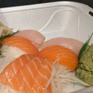 Salmon sashimi, salmon nigiri, hamachi nigiri