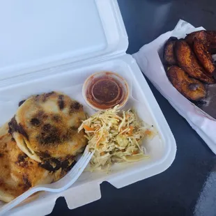 Chicken papusa and beef papusa with plantains and beans