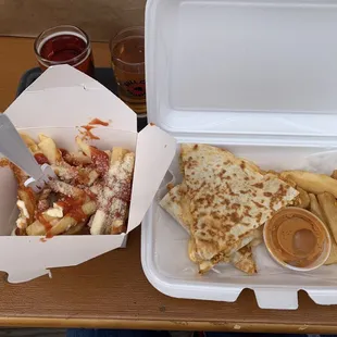 Chicken Quesadilla, yuca, fries (ketchup, Mayo, parmesan cheese)