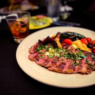 Ribeye with Cheddar Cheese Grits (With an old Fashioned in the back)