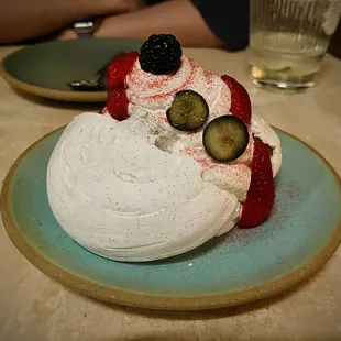 a dessert on a blue plate