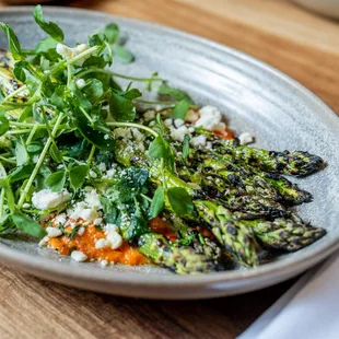 GRILLED ASPARAGUS, spicy piperade, feta, herbs