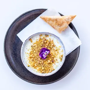 Mahalabia and Shaabiyat, rose water, sweet milk pudding, pistachio, dried fruit, phyllo