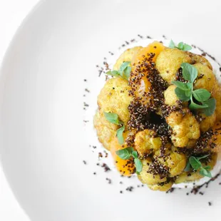 Turmeric Roasted Cauliflower, labneh, honey, orange suprêmes, mint