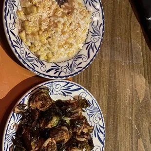 Charred Brussels Sprouts y Elote Con Crema