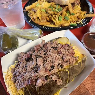Loaded Baked Potato with Brisket (with Jalapeño, extra BBQ sauce, butter, sour cream)
