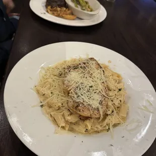Chicken pasta and steak with asparagus