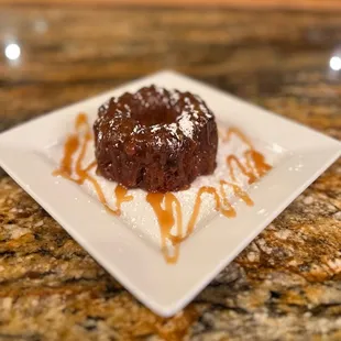 a dessert on a square plate