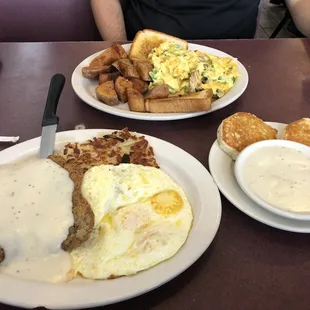 Chicken Fried Steak with biscuits and gravy and a Mesquite Scramble.