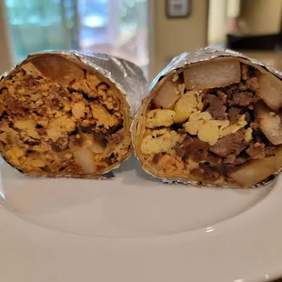 Chorizo breakfast burrito (Left) Steak breakfast burrito (Right)