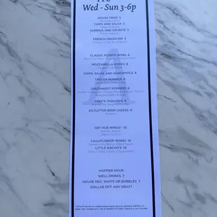 Happy hour menu