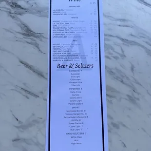 Beer and wine menu