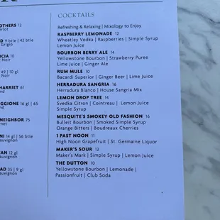 Cocktail menu