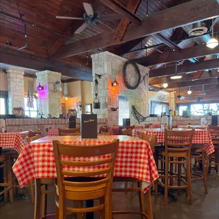 tables with red and white checkered tablecloths