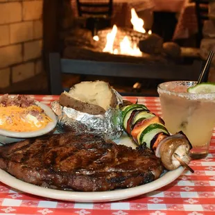Ribeye with Baked Potato &amp; Veggie Skewers with a Pit Margarita