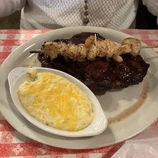 3/4 pound ribeye and shrimp skewer