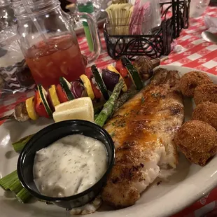 Grilled catfish, Grilled Asparagus and vegetable skewer