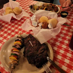 3/4 " Ribeye, Salmon, vege skewers